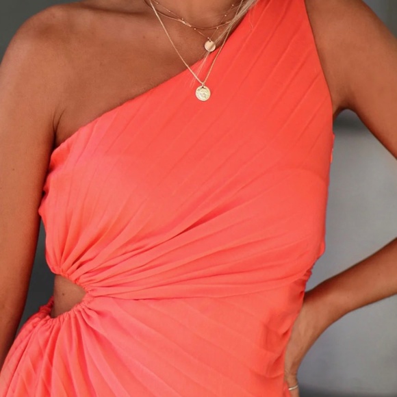 DESIREE PLEATED ONE SHOULDER CUTOUT ASYMMETRICAL MAXI DRESS - TANGERINE - Picture 2 of 4